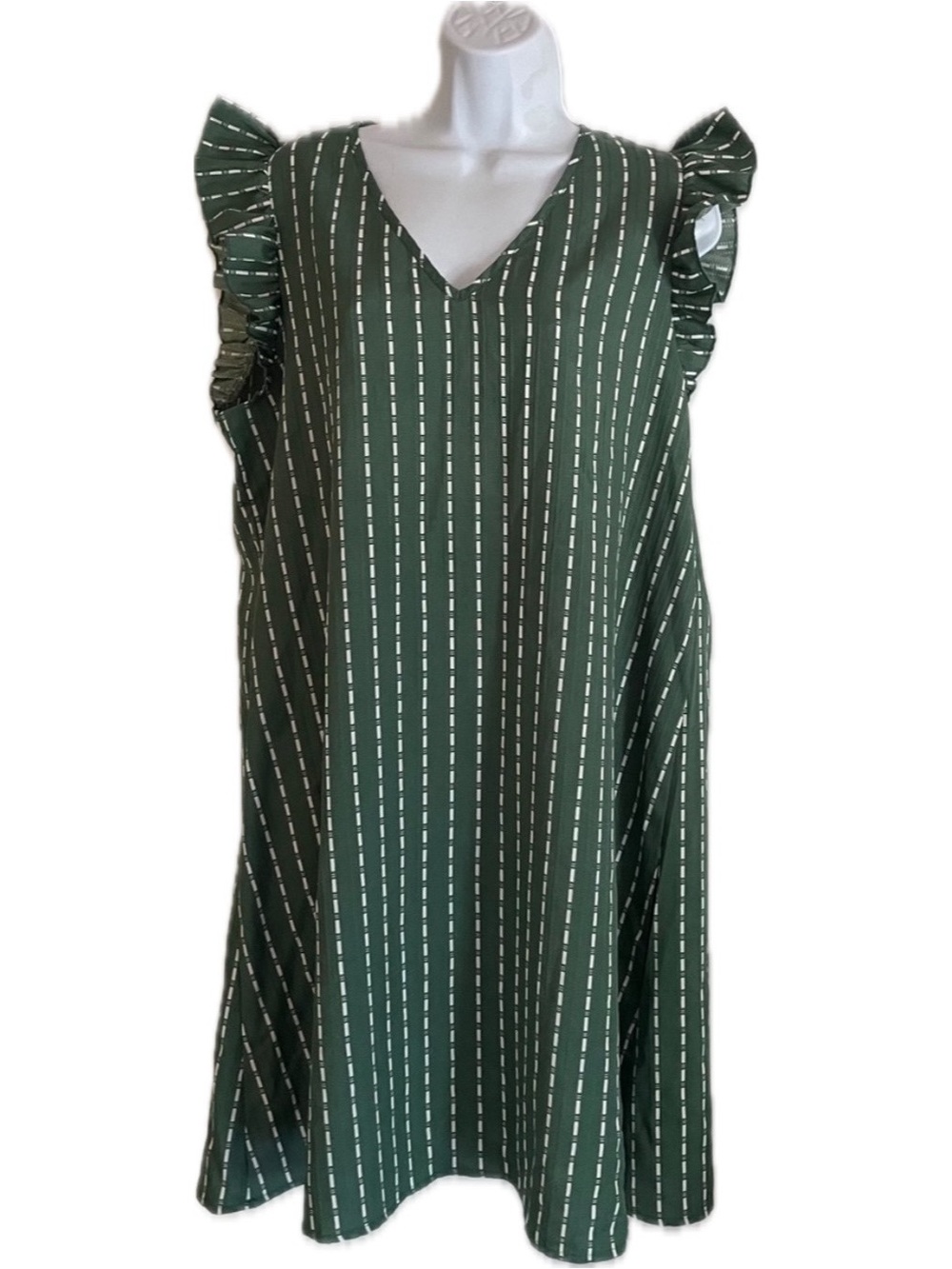 Green SHEIN Holidaya striped print ruffle trim tunic dress.
